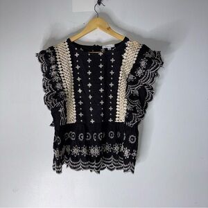 Monograph Black Cream Embroidered‎ Ruffle Short Sleeve Top Boho Medium
